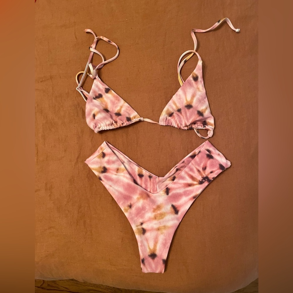 Skatie pink tie die bathing suit top and bottoms. Ella top and Mandi bottoms